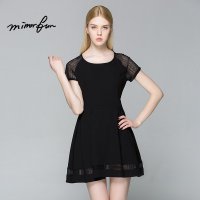 MIRROR FUN2016夏装新款 短袖收腰蕾丝拼接A摆裙子时尚连衣裙女