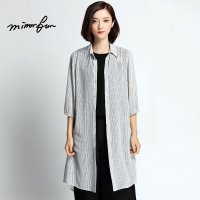MIRROR FUN2016春夏装新款九分袖雪纺黑白条纹长款衬衫女防晒开衫