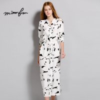 MIRROR FUN2016春夏装新款女装印花连衣裙中长款欧美收腰衬衫长裙