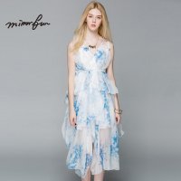 MIRROR FUN2016夏装新款大摆印花无袖V领长裙超仙雪纺连衣裙女