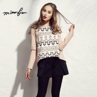 MIRRORFUN春秋 几何条纹印花拼接长袖T恤厚针织上衣宽松女打底衫