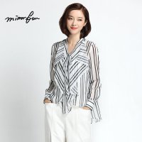 MIRROR FUN2016春夏装新款系带蝴蝶结长袖条纹衬衫雪纺衬衣打底衫