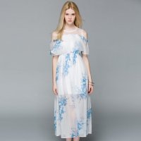 MIRROR FUN2016夏装新款时尚印花短袖大摆中长款气质连衣裙女仙