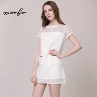 MIRRORFUN2016春装新款透视网纱拼接宽松显瘦直筒连衣裙夏短裙女