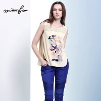 MIRRORFUN2016春新款女装时尚宽松T恤女无袖圆领百搭印花上衣