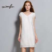 MIRROR FUN2016夏装新款女装百搭褶绉艺术纹理V领盖袖连衣裙气质