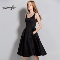 MIRROR FUN2016欧美夏装新款吊带收腰打底大摆裙无袖礼服连衣裙女