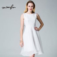 MIRROR FUN2016春夏装新款女装欧美时尚方格收腰无袖连衣裙中长款
