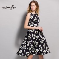 MIRRORFUN 2016春夏装新款时尚收腰显瘦无袖A字大摆裙印花连衣裙