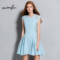 MIRROR FUN2016夏装新款圆领A字裙优雅简约中裙蕾丝拼接连衣裙
