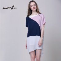 MIRRORFUN2016春装新款 几何撞色前短后长开叉宽松连衣裙女短袖