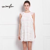 MIRRORFUN夏装新款淑女荷叶边无袖蕾丝连衣裙通勤纯色A字裙