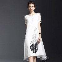 格缇妃 ぶ2016新款复古短袖拼接亚麻印花假两件套连衣裙6036