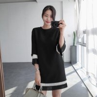 格缇妃 ぶ5698#韩版新款七分袖圆领百褶裙宽松连衣裙装女