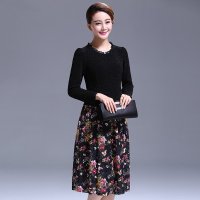 格缇妃 ぶ 新款长袖连衣裙2016 中年女装拼接印花连衣裙