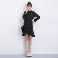 格缇妃 ぶ3335# 2016年韩版甜美百搭开叉系带荷叶边连衣裙