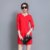 格缇妃 2016新款春装包臀裙v领九分袖口袋撞色拼接修身连衣裙