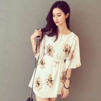 格缇妃 2016新款超显瘦显腿长喇叭袖松紧腰连衣裙（有内衬）7220