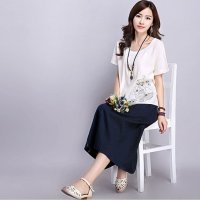 格缇妃 ぶ9911# 2016新款棉麻连衣裙两件套装宽松大码短袖绣花T恤+长裙套裙