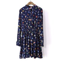 格缇妃 2016新款卡通叶子印花碎花长袖雪纺连衣裙6524