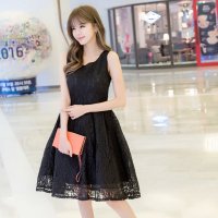 格缇妃 2016夏季新款中长款无袖蕾丝连衣裙蕾丝背心裙蓬蓬裙6022#