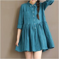 格缇妃 ぶ9912#春季女装文艺小清新蓝色领子绣花宽松长袖棉麻连衣裙