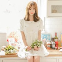 格缇妃 ぶ2016新款短袖高腰短裙棉麻碎花宽松娃娃款连衣裙1822