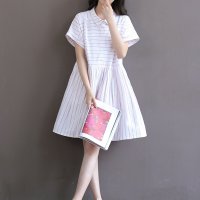 格缇妃 ぶ6623#夏季新款粉白海军风文艺复古细条纹棉布短袖连衣裙