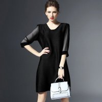 格缇妃 ぶ2016春装新款女装七分袖套头褶皱宽松连衣裙6012