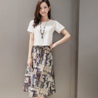 格缇妃 ぶ2016中裙套头短袖夏季印花两件套套装裙子棉麻连衣裙5830