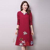 格缇妃 ぶ9905#2016春装新款中长款亚麻长裙显瘦长袖打底连衣裙女