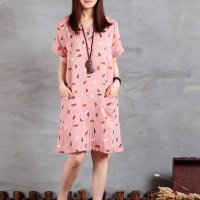 格缇妃 ぶ6042#2016夏季棉麻宽松大码女装文艺范短袖连衣裙