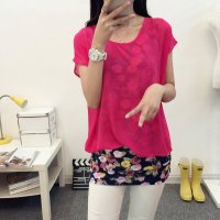 格缇妃 ぶ韩版宽松短袖假两件套2016夏装女装打底衫雪纺衫3039