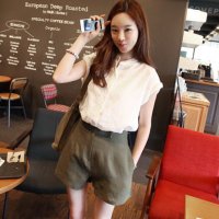 格缇妃 ぶ8698# 2015新款短袖衬衫棉麻条纹上衣夏短裤两件套休闲套