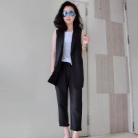 格缇妃 ぶ新款女装大码棉麻时尚中长款马甲西装九分裤两件套8123