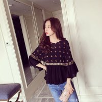 格缇妃 ぶ3488#2016夏装新款韩版女神范刺绣宽松雪纺衫上衣