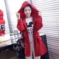 格缇妃 ぶ6557#2016春季韩版中长款带帽宽松风衣外套女字母收腰外衣上衣