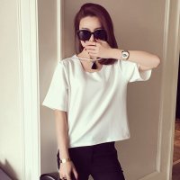 格缇妃 ぶ2016新款镂空领口流苏装饰圆领短袖T恤女5833#