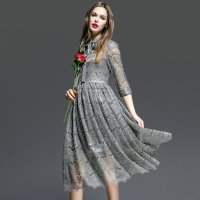 格缇妃 ぶ2016春装新款欧美收腰蕾丝长裙修身大摆连衣裙6016#