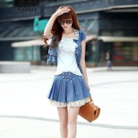 格缇妃 δ2016夏季韩版新款三件套裙牛仔连衣裙学生装少女裙子3566#
