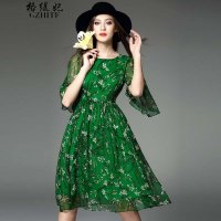 格缇妃 δ2016新品修身五分袖大摆印花连衣裙长裙女1661#