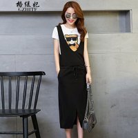 格缇妃 ま 2016韩版印花T恤两件套连衣裙深V领背带 315#