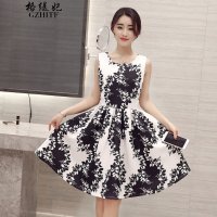 格缇妃 ま2016新款夏装女韩版名媛风水墨印花修身无袖连衣裙