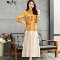 格缇妃 δ2016新款女装韩版休闲棉麻连衣裙中长款气质套装裙两件套305