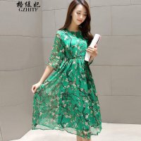格缇妃 δ2016夏装新品修身五分袖大摆印花连衣裙1613#