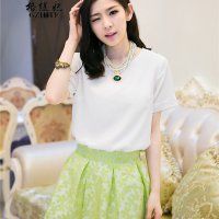 格缇妃 δ8961#2016韩版名媛短袖雪纺印花欧根纱小短裙两件套休