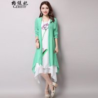 格缇妃 δ986#棉麻套装连衣裙女长袖文艺小清新复古民族风印花长裙