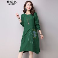 格缇妃 δ3185#2016春装新款棉麻大码女装民族风绣花拼接宽松连衣裙