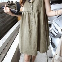 格缇妃 δ3023#2016夏季韩版蓬蓬裙连衣裙 宽松无袖高腰棉麻娃娃裙