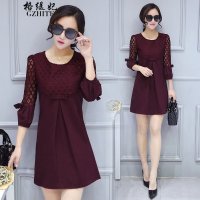 格缇妃 δ8003连衣裙女修身春装新款韩版七分袖高腰A字裙蕾丝针织打底裙子